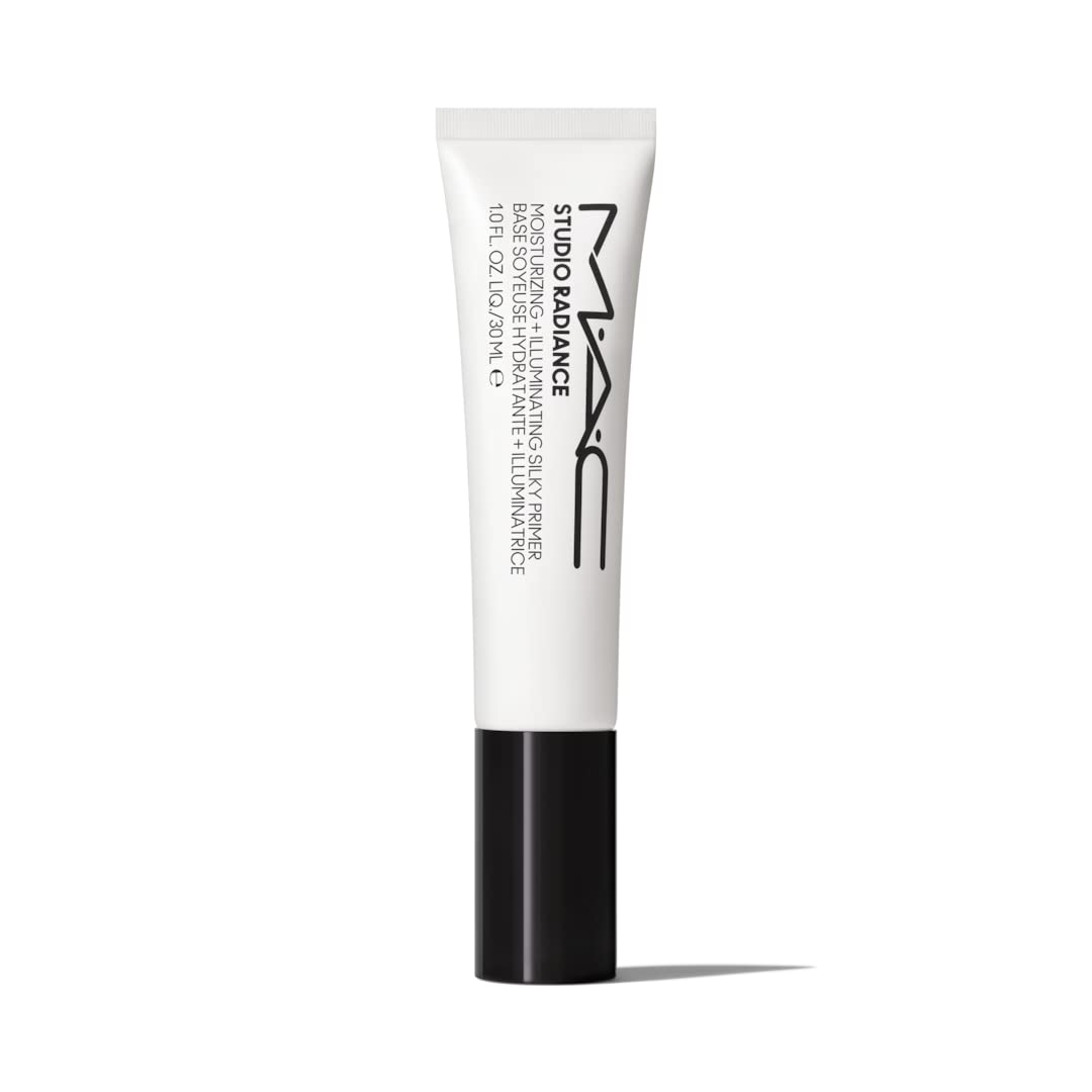 MAC Studio Radiance Moisturizing Illuminating Silky Primer bottle for luminous skin prep.
