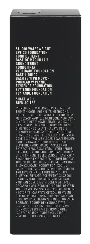MAC Studio Waterweight SPF 30 label indicating broad-spectrum protection