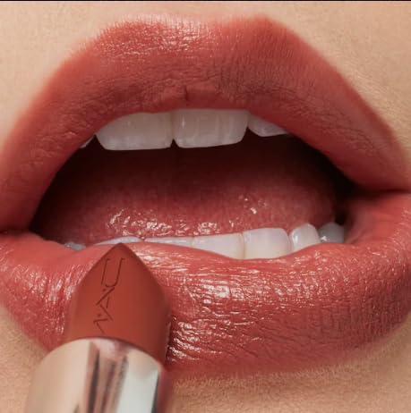 MAC Ximal Sleek Satin Lipstick close-up application displays color payoff and 8-hour wear.