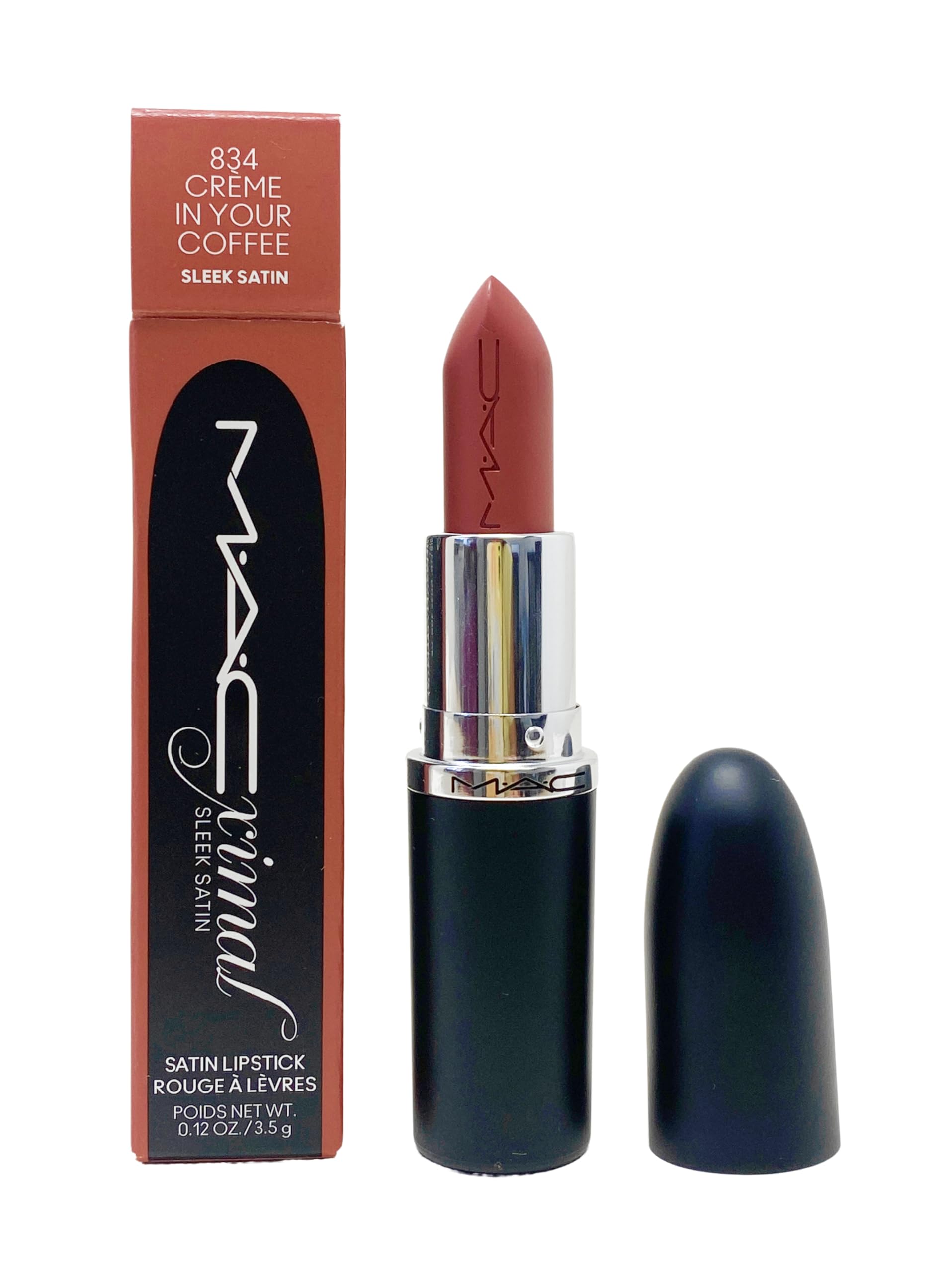 MAC Ximal Sleek Satin Lipstick packshot highlights rich pigment and long-wear hydration.
