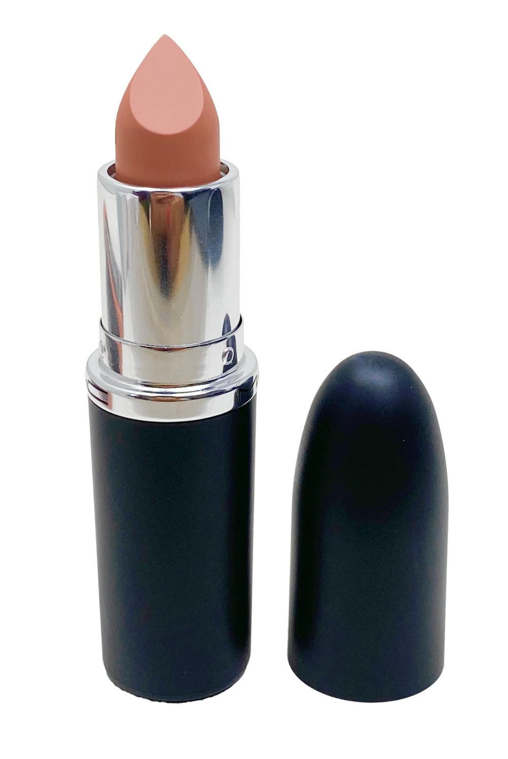 MAC Ximal Sleek Satin Lipstick 836 Fleshpot on lips shows warm nude color for everyday wear.