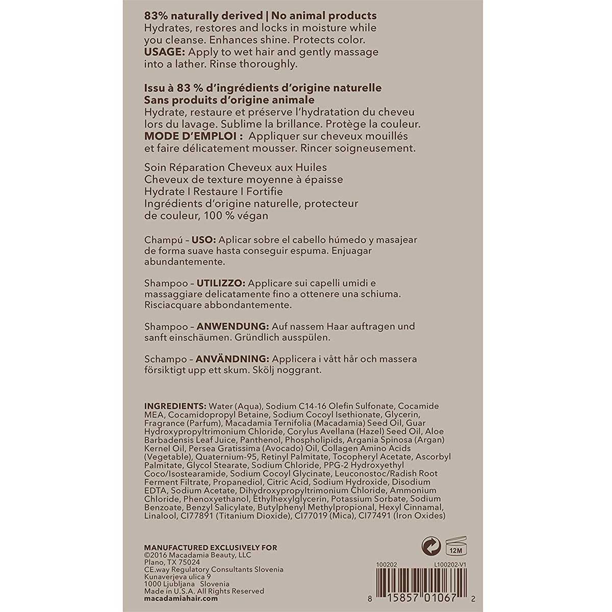 Macadamia Professional Nourishing Repair Shampoo ingredients image shows macadamia and argan oils.