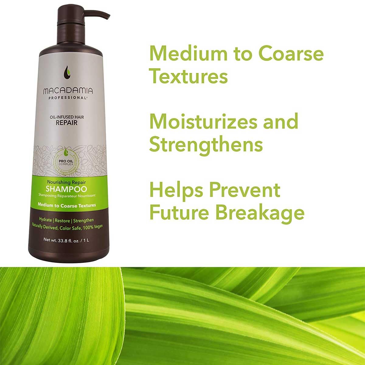Macadamia Professional Nourishing Repair Shampoo label highlights nourishing ingredients for shine.