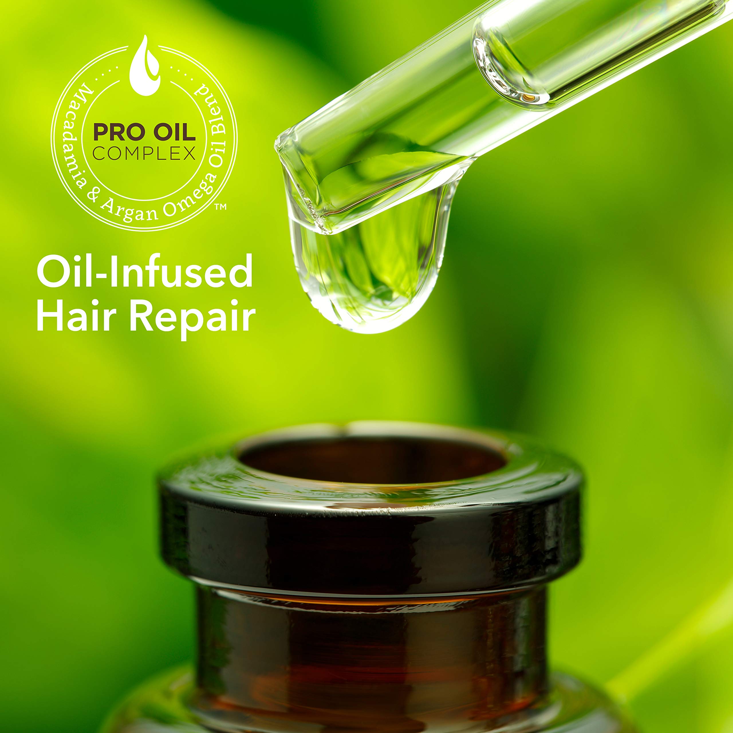 Macadamia Professional pro oil complex graphic highlights nourishing oils for stronger strands