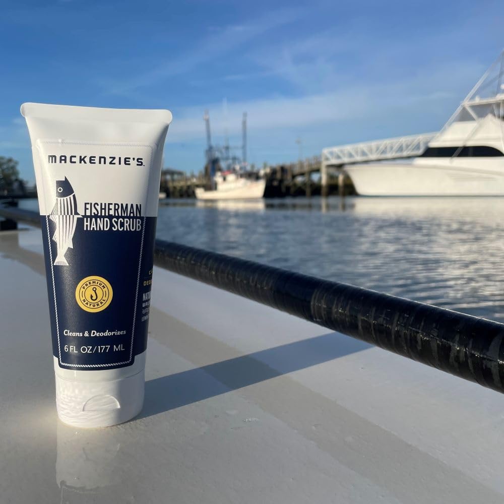 MACKENZIE'S Fisherman Hand Scrub with gardening gloves tackling dirt.