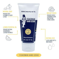 MACKENZIE'S Fisherman Hand Scrub label view highlights natural ingredients.