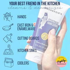 MACKENZIE'S Fisherman Hand Scrub lemon essence droplets on skin.