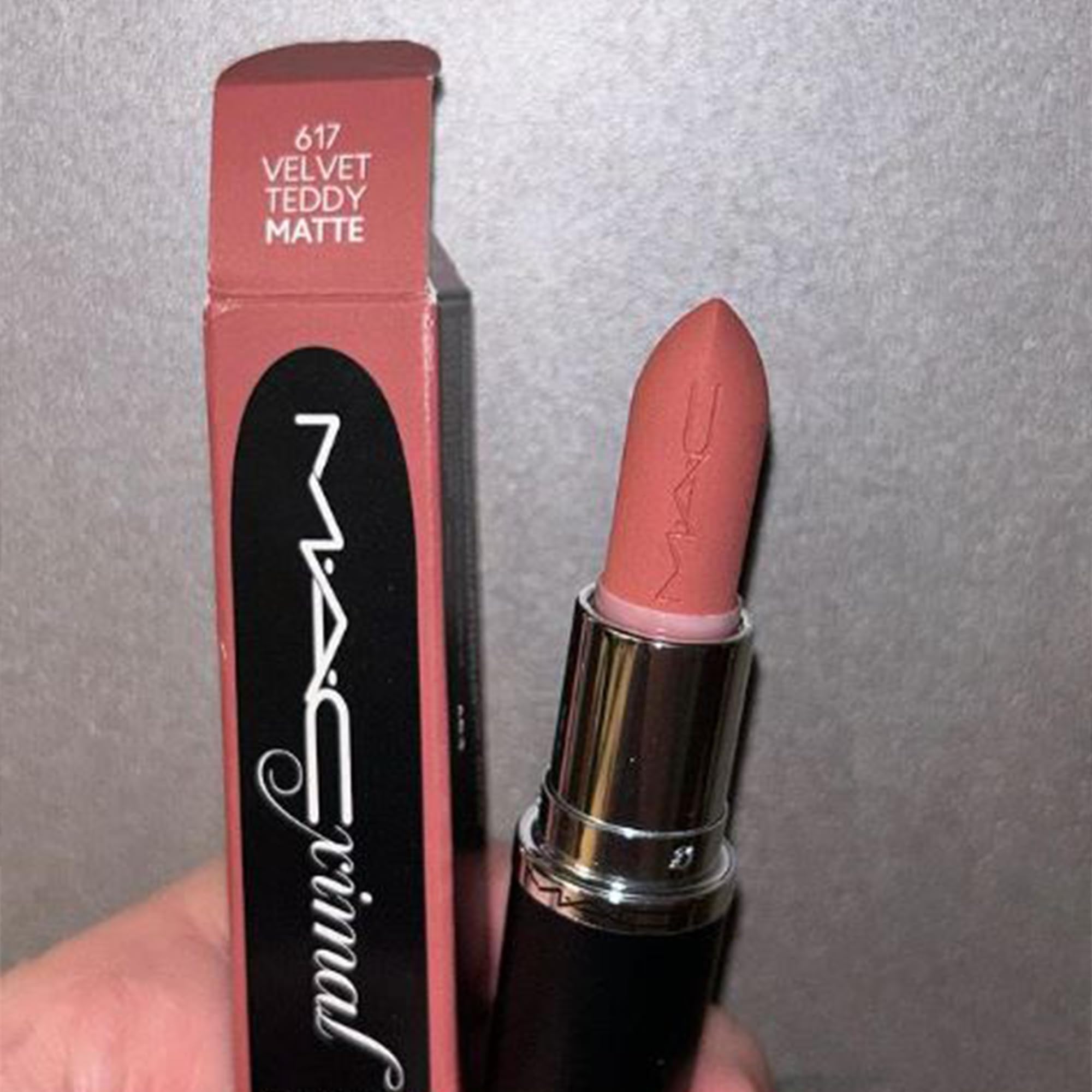 MAC Velvet Teddy lips closeup shows silky matte finish and rich coverage