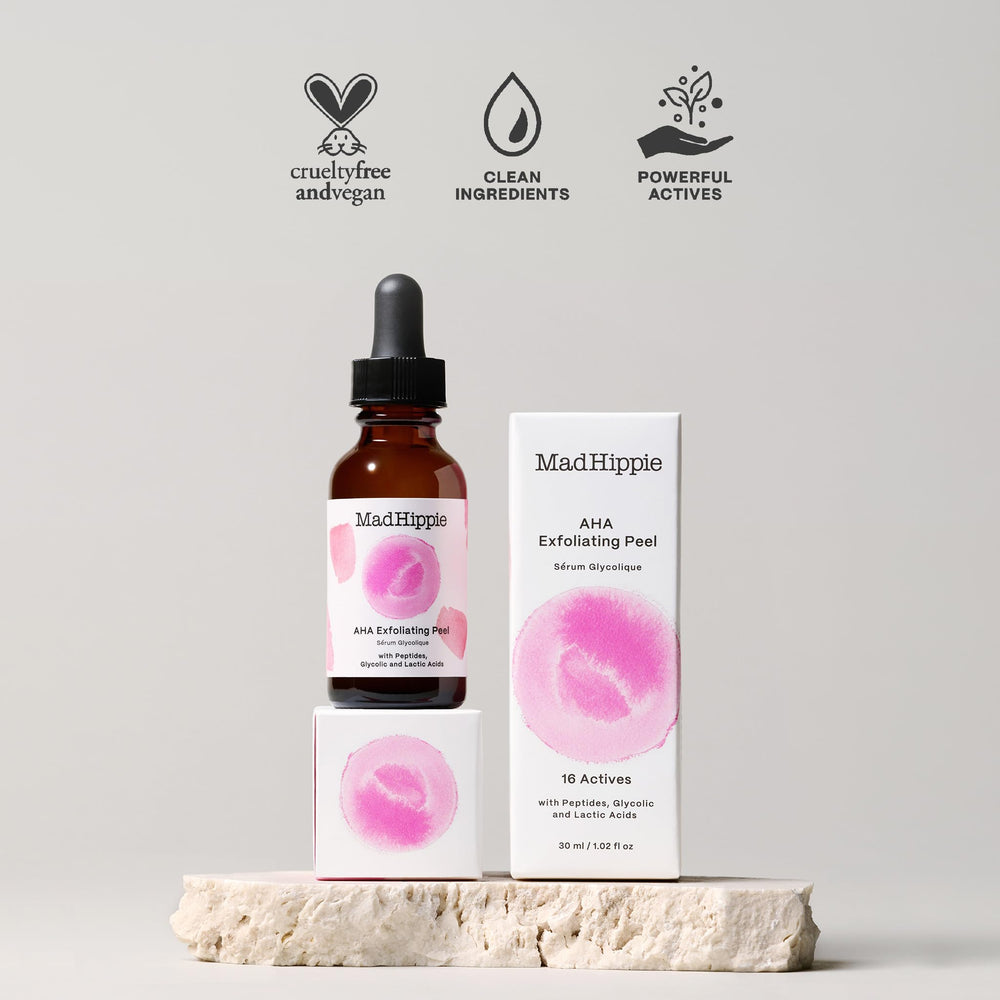 Mad Hippie AHA Exfoliating Peel closeup emphasizes gentle exfoliation and glow potential