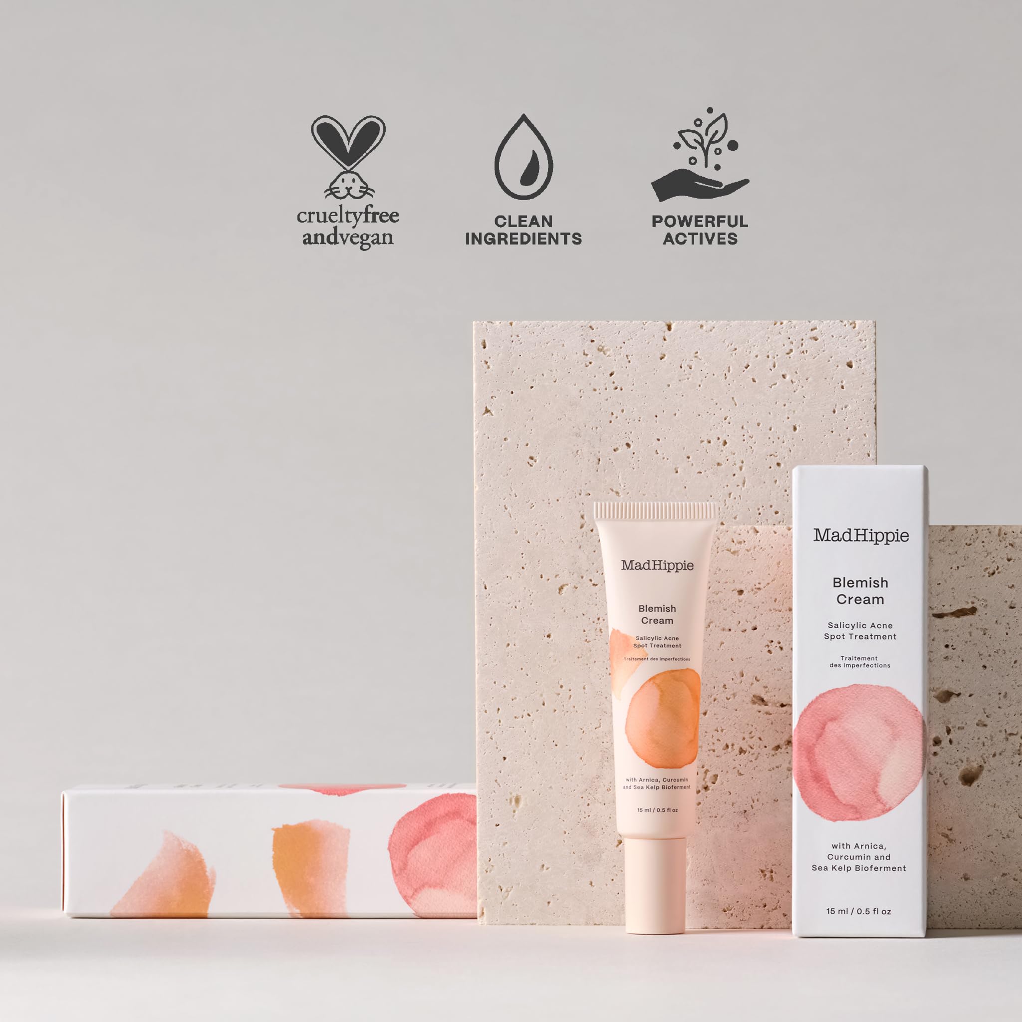 Mad Hippie blemish cream packaging shot conveys clean, cruelty-free branding for acne care.