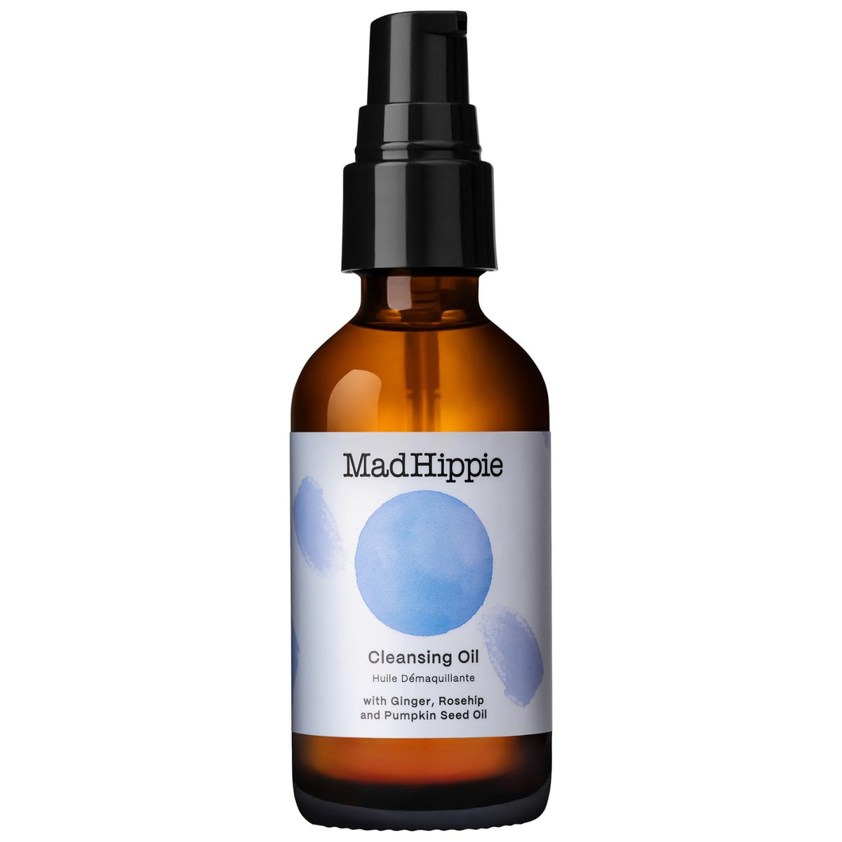 Mad Hippie cleansing oil bottle pour illustrates gentle cleansing for radiant, hydrated skin