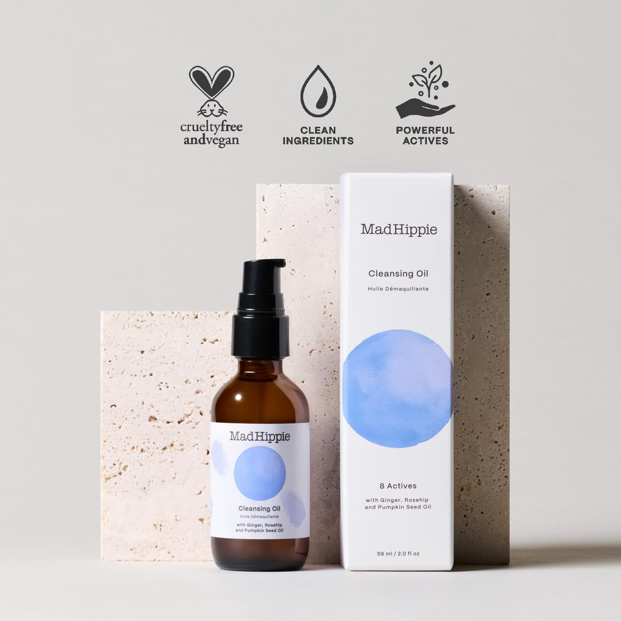 Mad Hippie cleansing oil packaging highlights vegan, cruelty-free skincare
