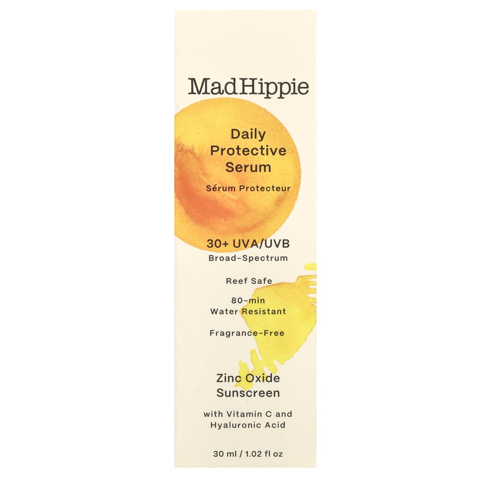 Mad Hippie Daily Protective SPF 30+ serum label shows vegan reef-safe formula