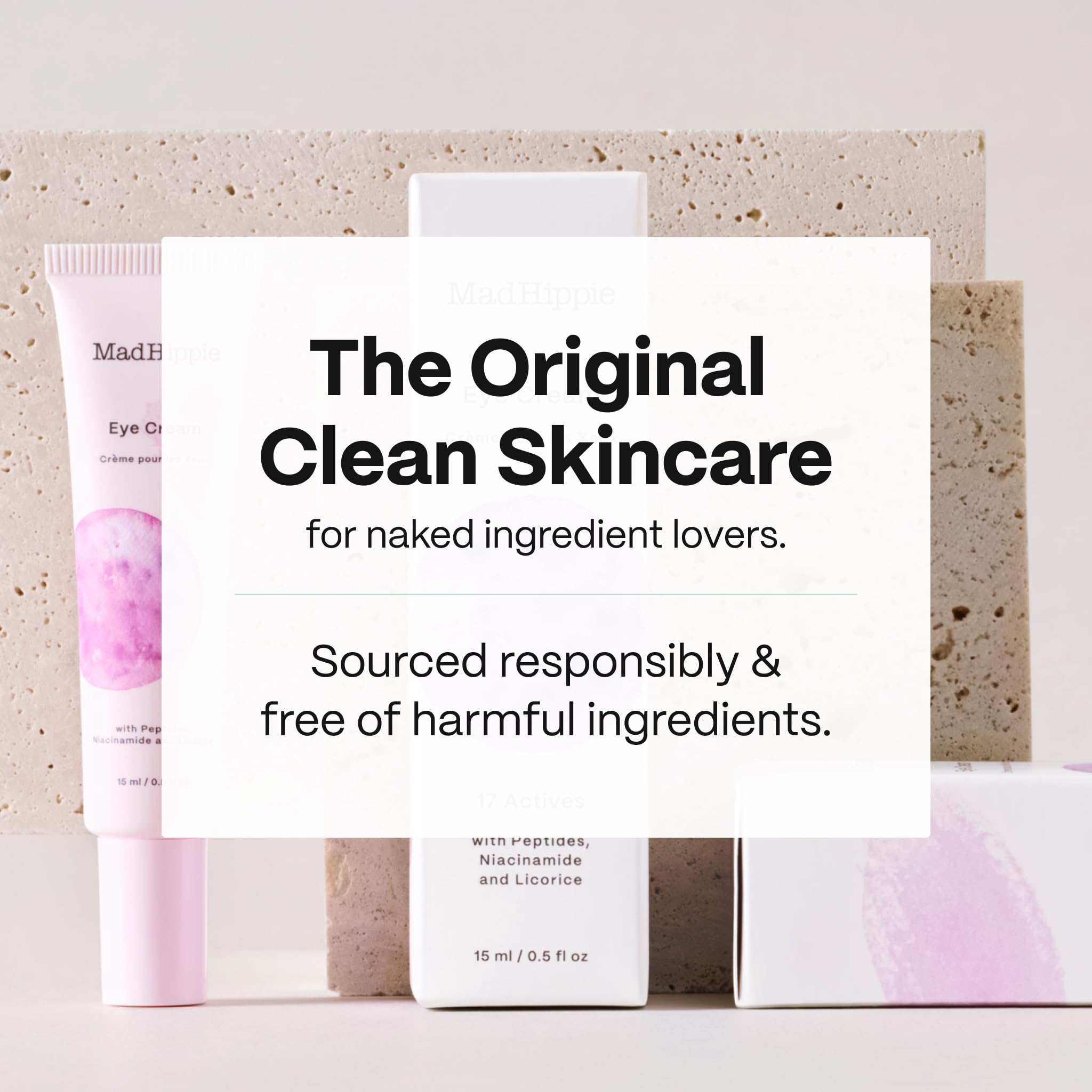 Mad Hippie eye cream packaging emphasizes cruelty-free and non-GMO certifications.