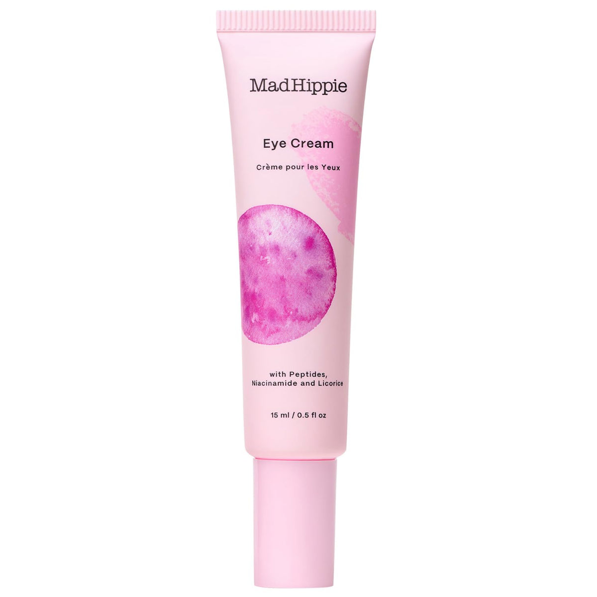 Mad Hippie Eye Cream tube closeup showing a silky formula for brighter, smoother under-eye skin