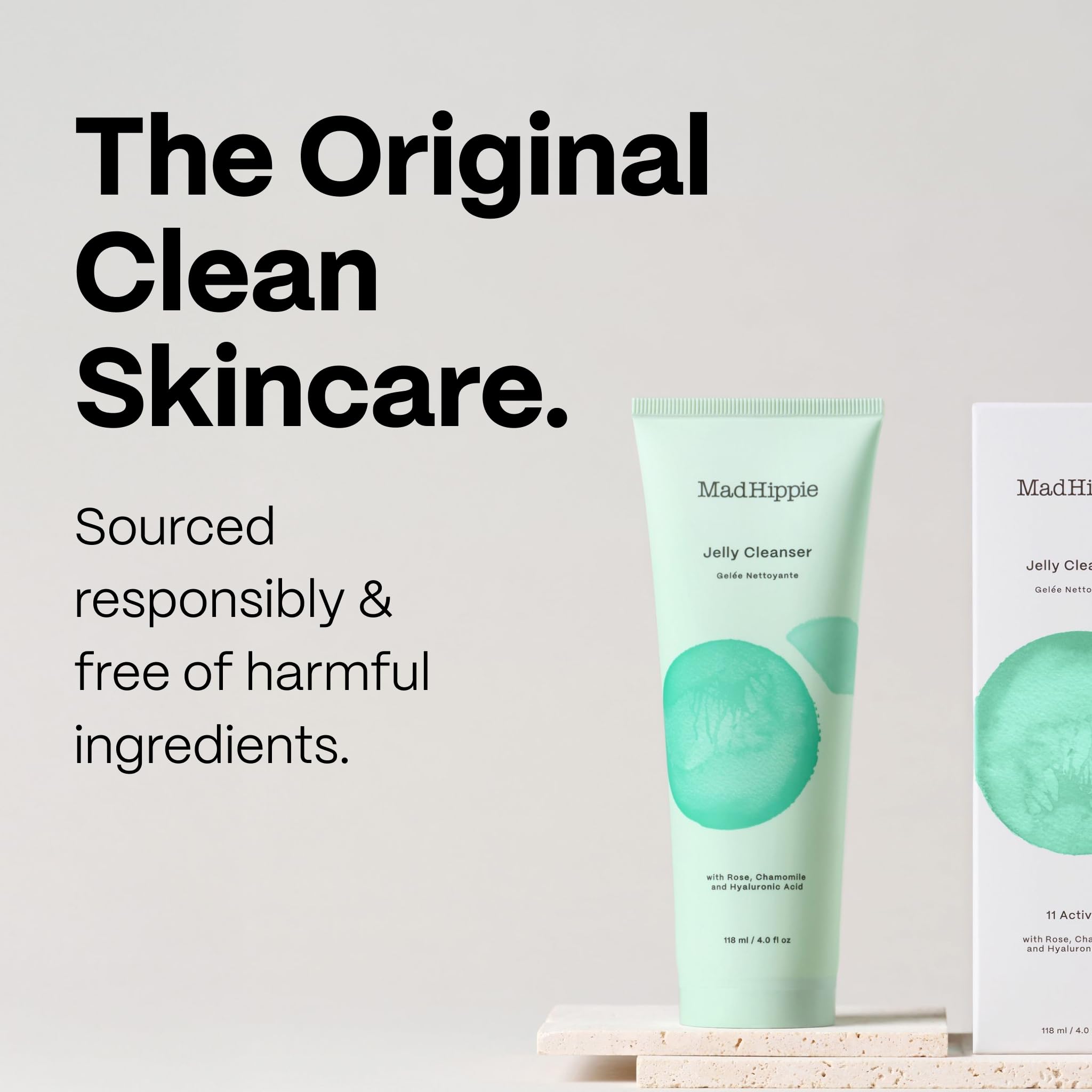 Jelly-to-milk transition imagery with Mad Hippie cleanser for makeup removal.