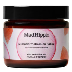 Mad Hippie MicroDermabrasion Facial bottle closeup highlights smooth exfoliation for bright skin.