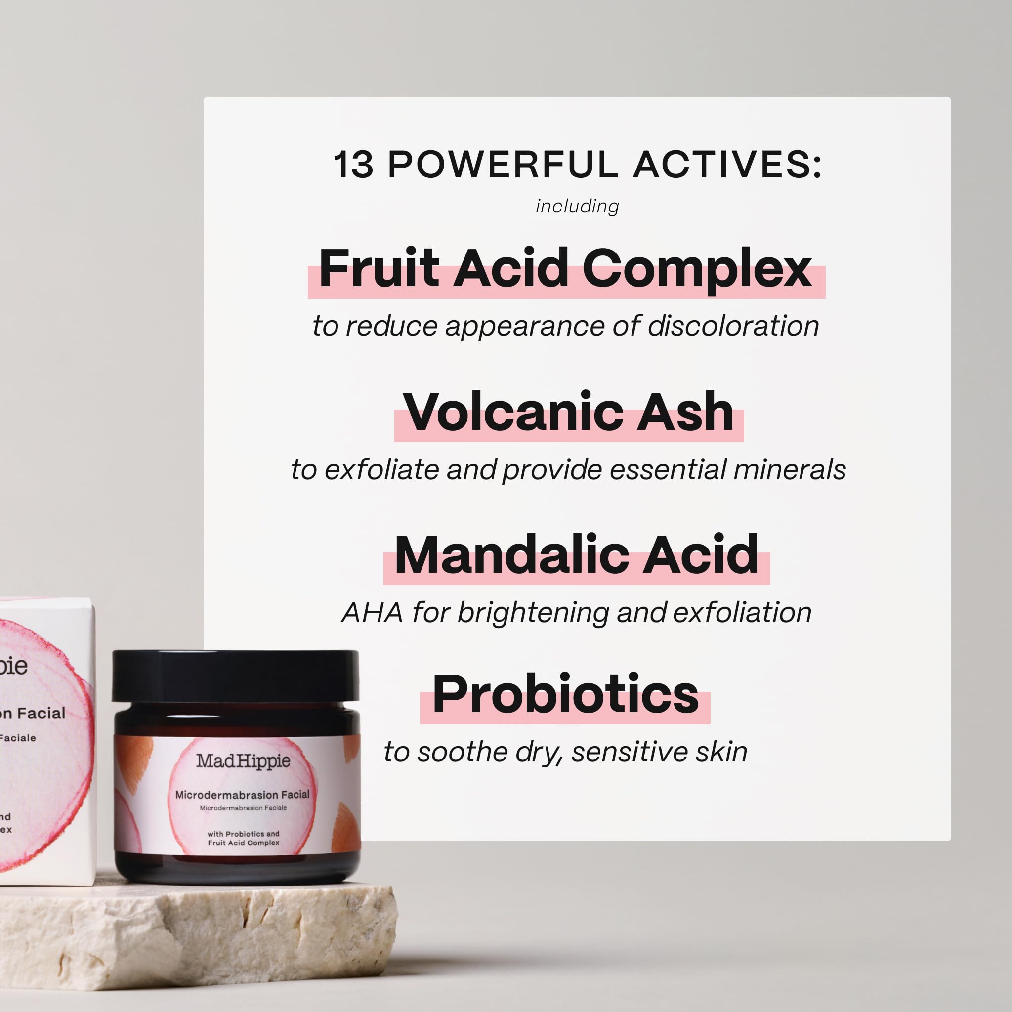 Mad Hippie MicroDermabrasion Facial probiotics scene highlights soothing nourishment for skin health.