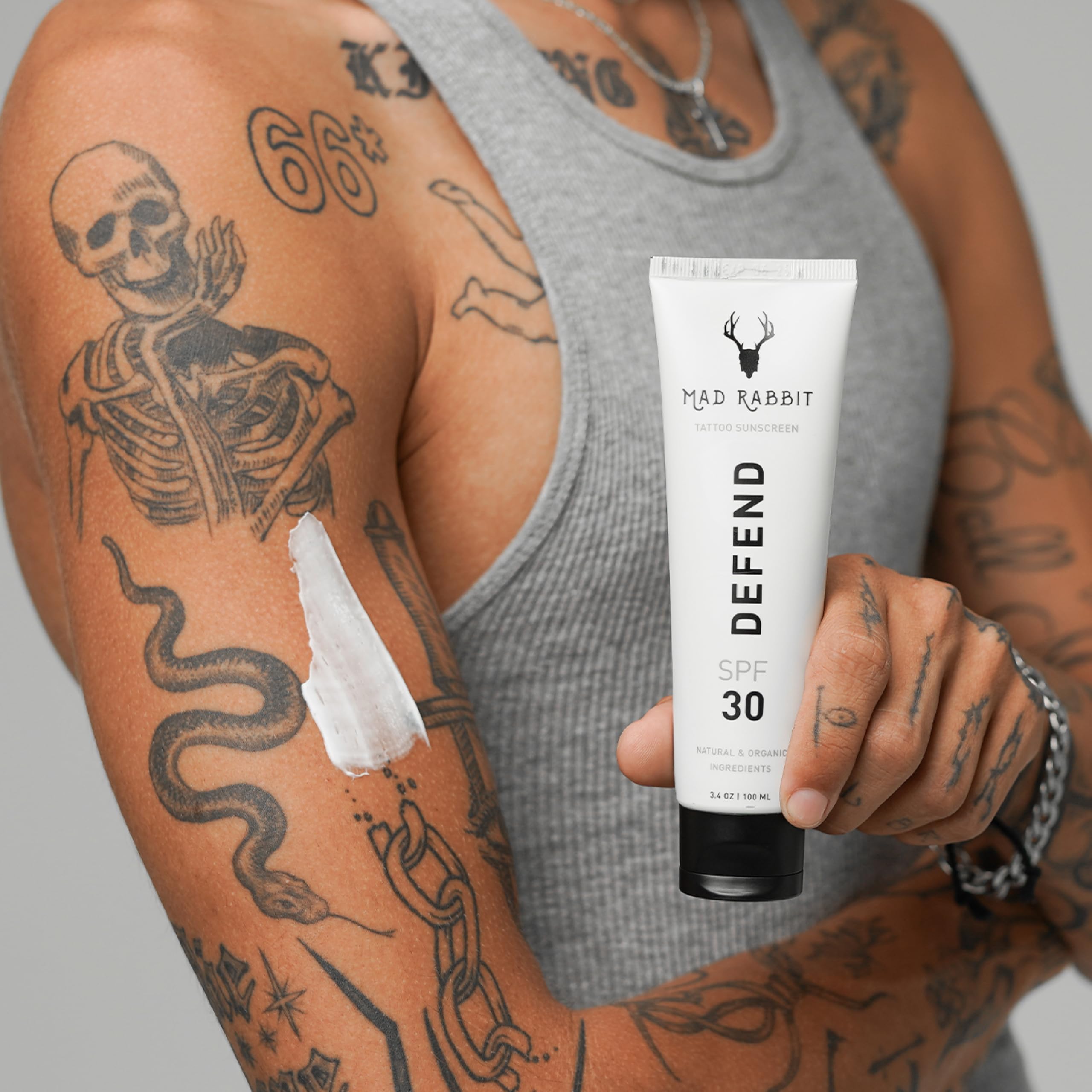 Mad Rabbit all skin types tattoo care kit layout showcases universal applicability