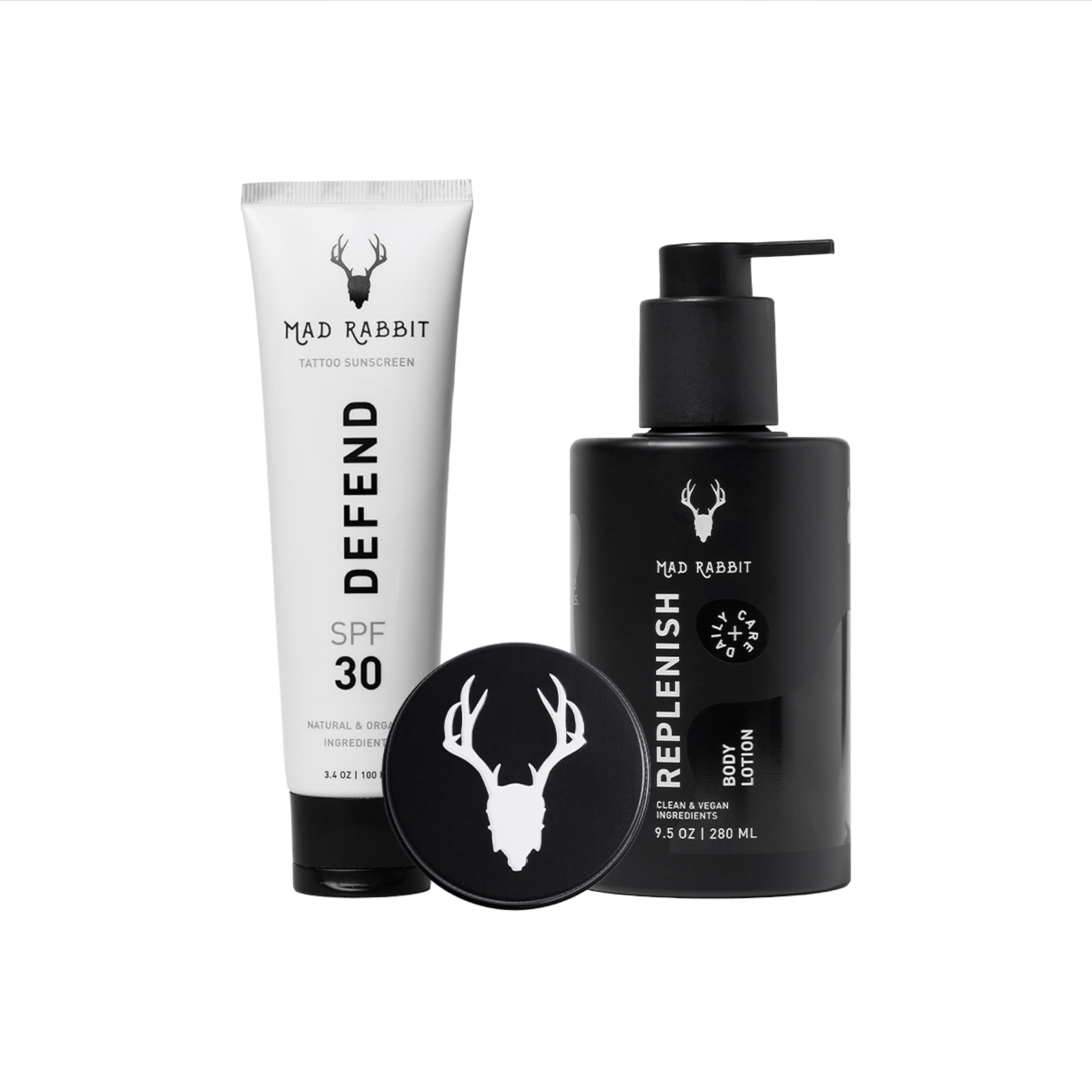 Mad Rabbit Enhance Balm pump bottle demonstrates premium protection for vibrant tattoos