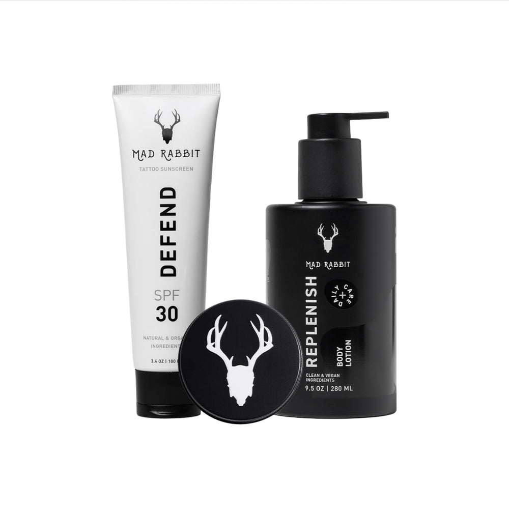 Mad Rabbit Enhance Balm pump bottle demonstrates premium protection for vibrant tattoos