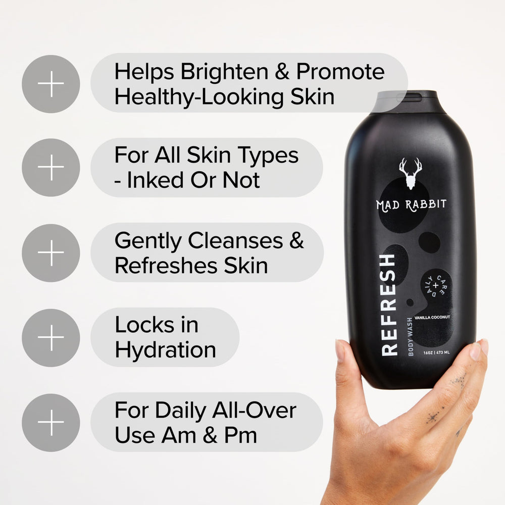 Mad Rabbit Refresh Body Wash application in hands reinforces easy usage with sponge or wet hands.