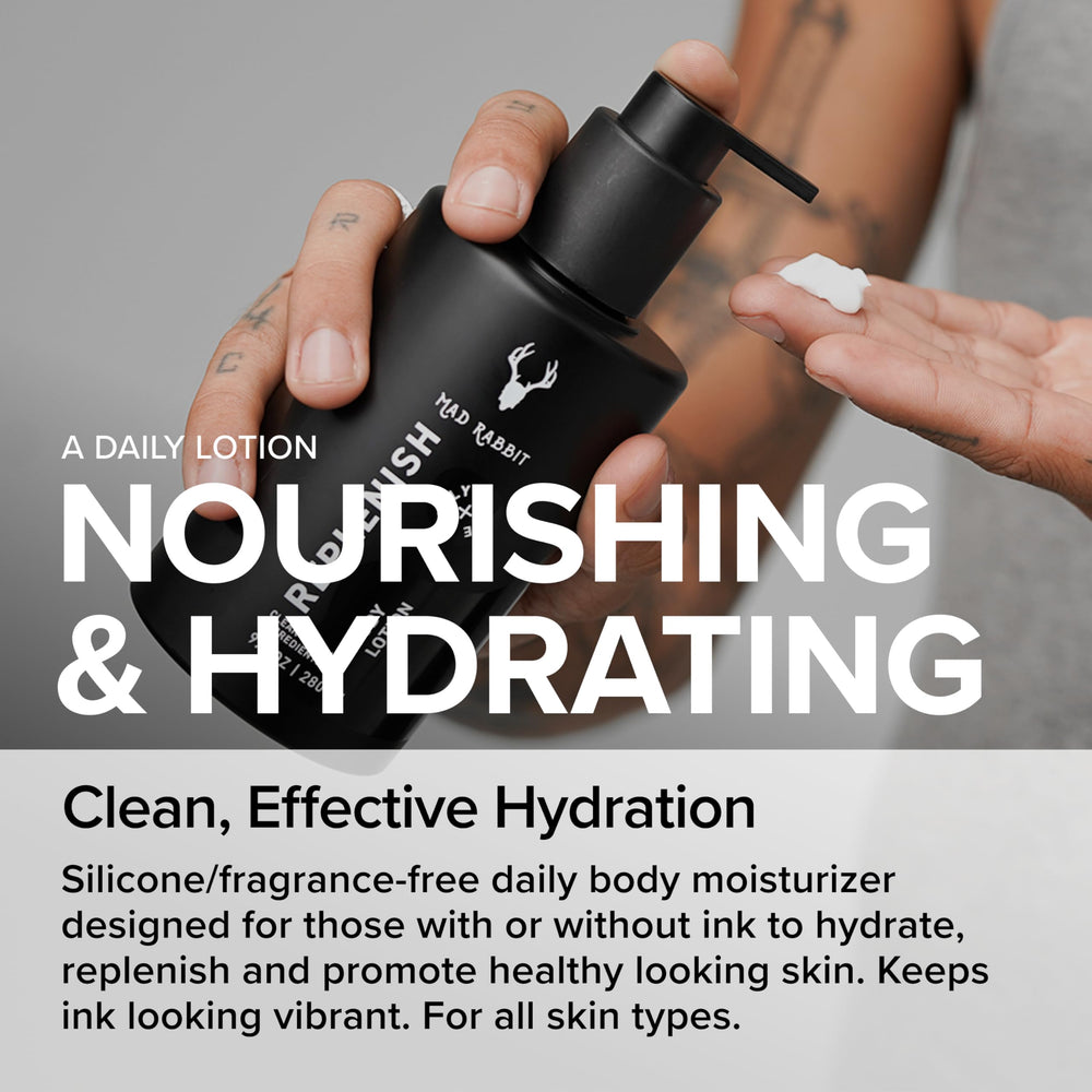 Mad Rabbit Replenish Lotion promoting tattoo care and healthy skin.