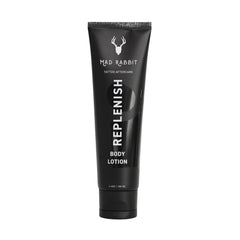 Mad Rabbit Replenish tattoo body lotion bottle shows lightweight daily hydration.