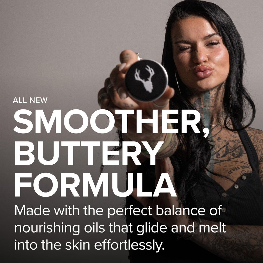 Mad Rabbit hydration scene shows moisturized skin around new tattoos.