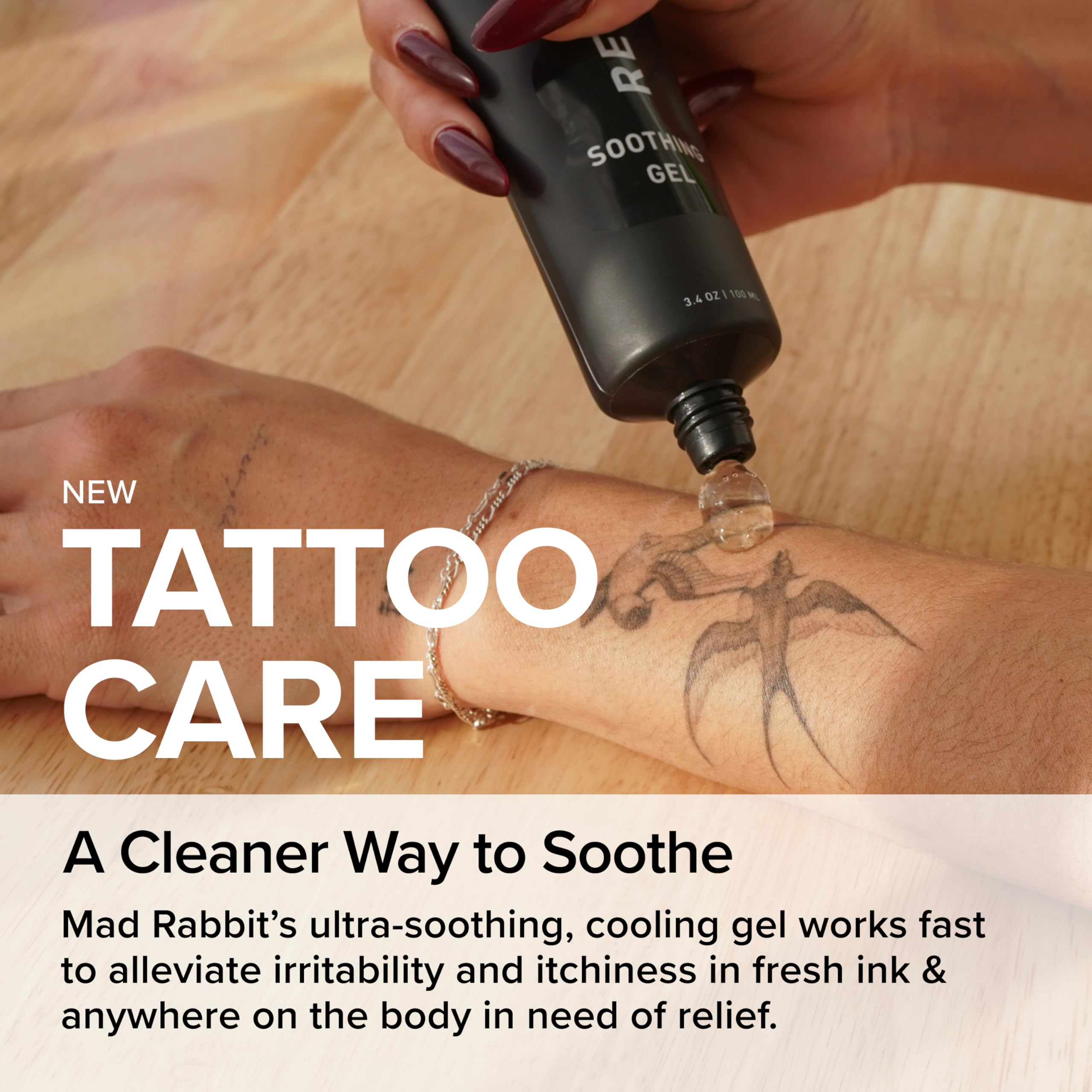 Mad Rabbit gel being applied for soothing relief on fresh ink