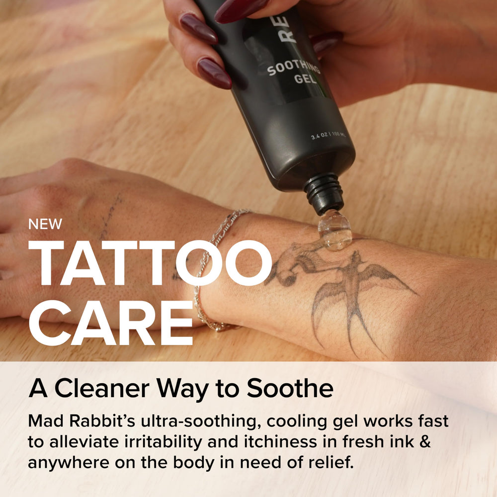 Mad Rabbit gel being applied for soothing relief on fresh ink