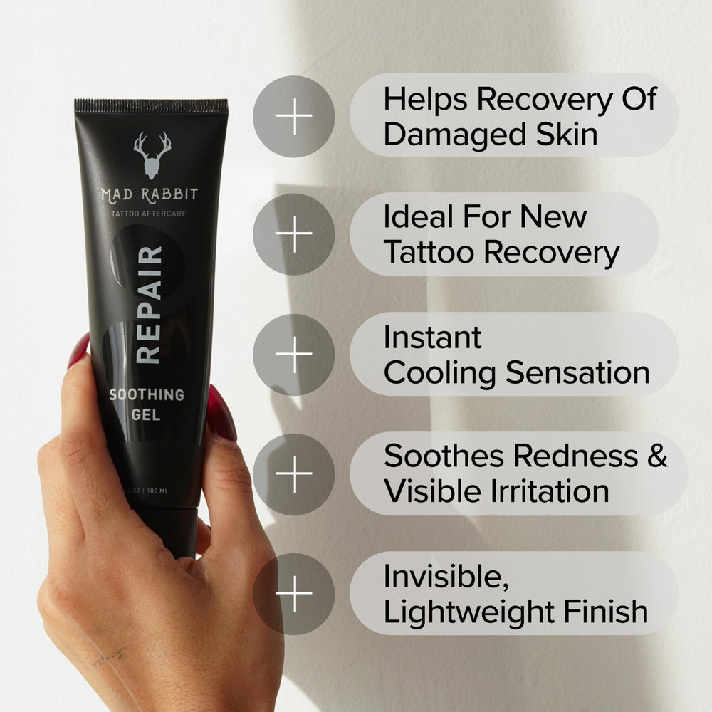 Mad Rabbit soothing gel bottle shows lightweight botanical oils for nourished skin