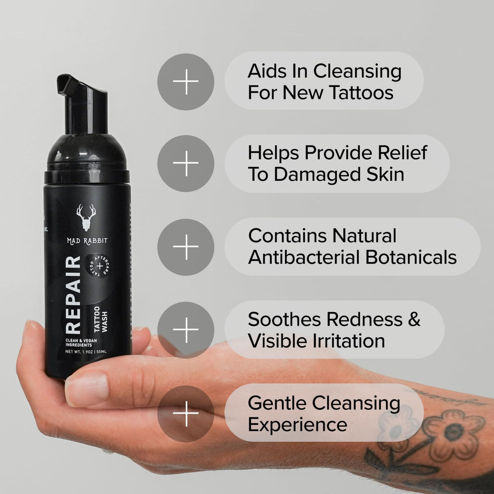 Mad Rabbit Tattoo Aftercare Soap application scene demonstrates easy post-session cleansing.