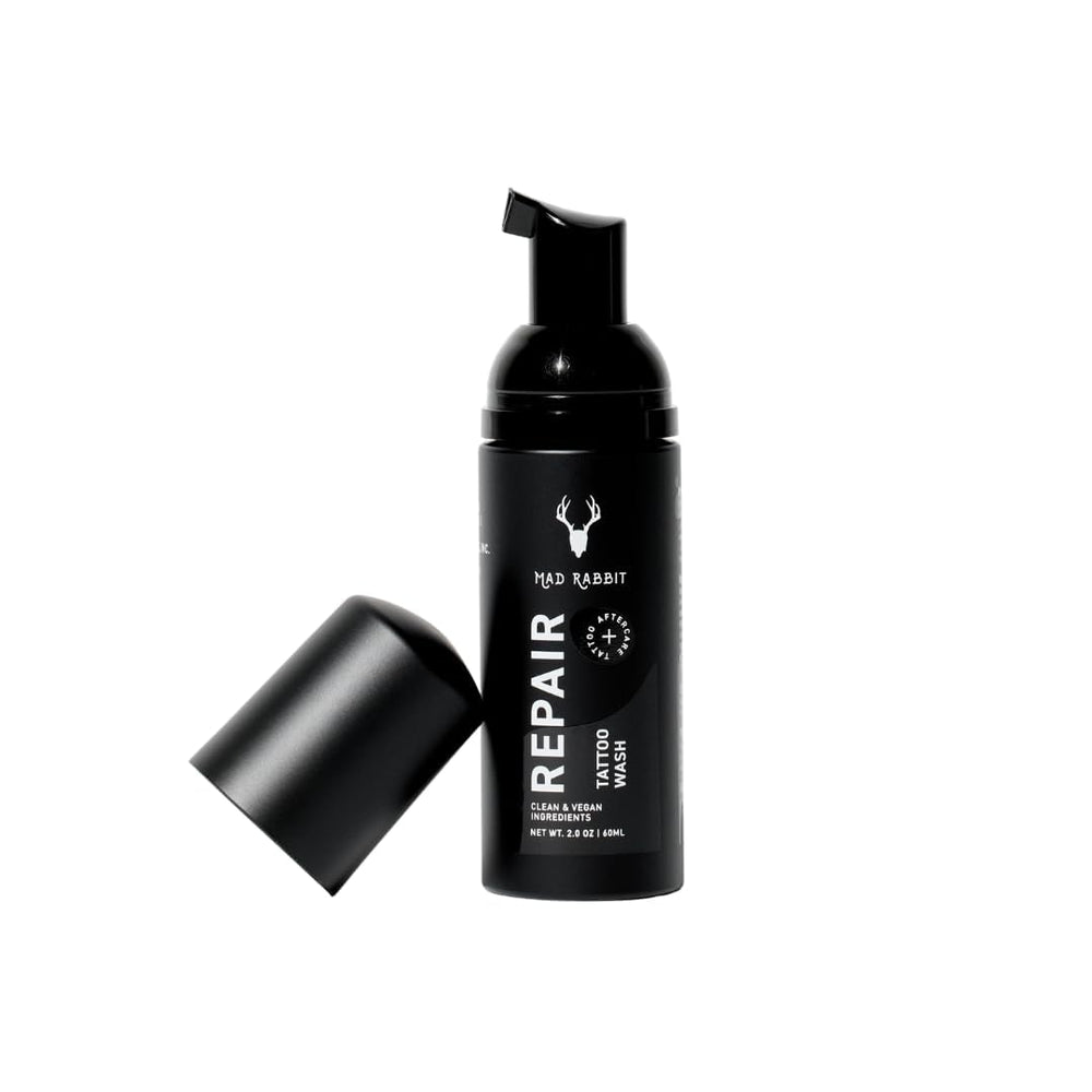 Mad Rabbit Tattoo Aftercare Soap bottle front shows fragrance-free cleansing for new tattoos.