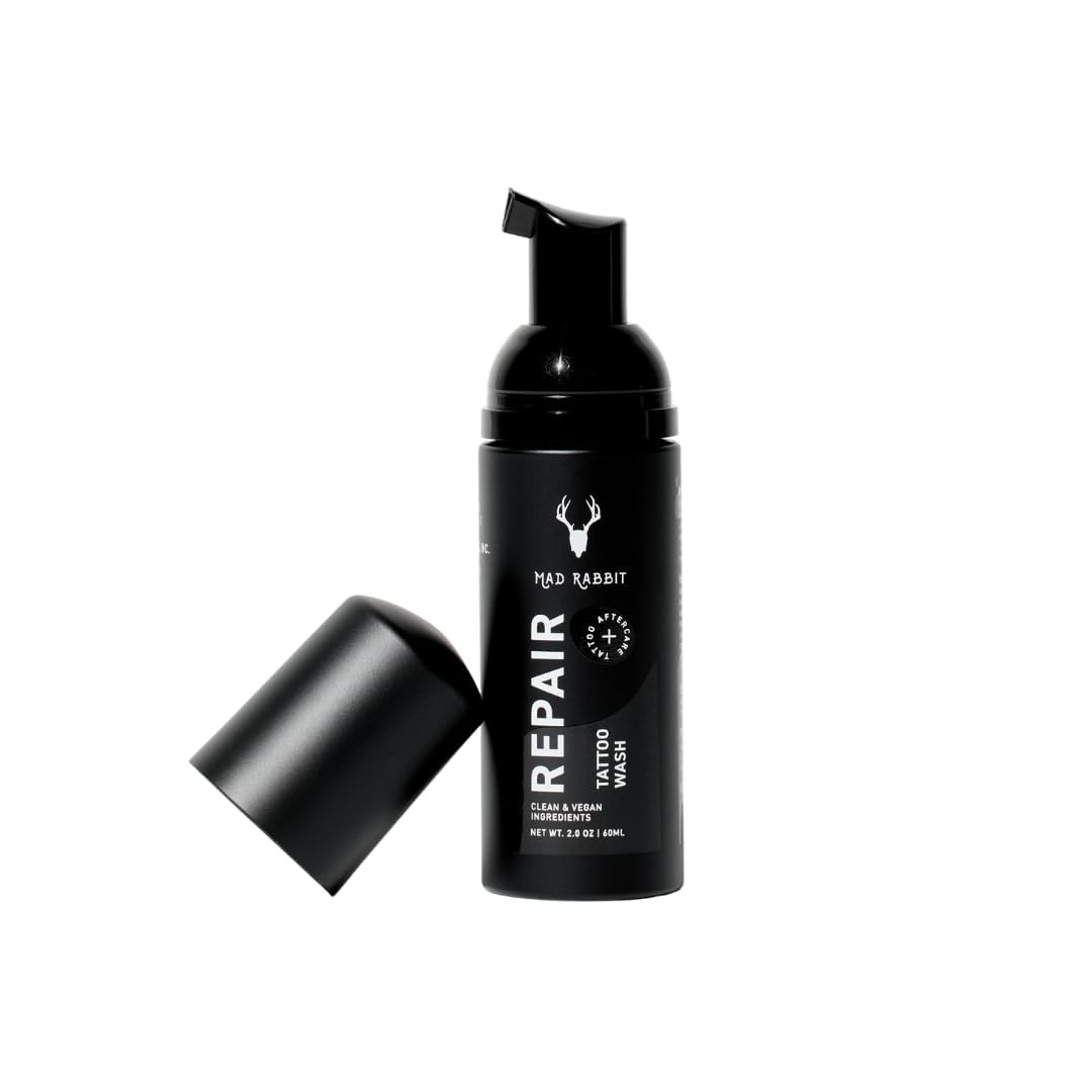 Mad Rabbit Tattoo Aftercare Soap bottle front shows fragrance-free cleansing for new tattoos.