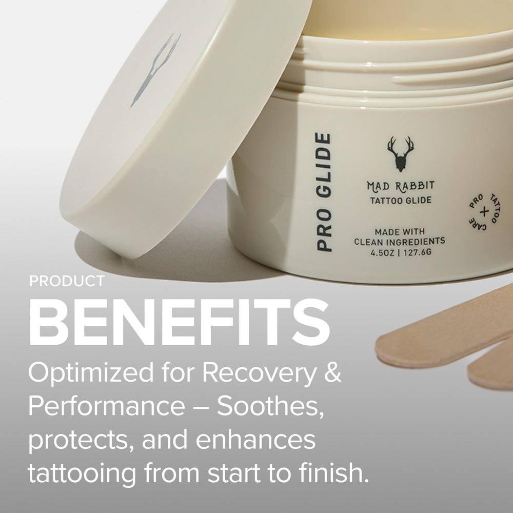 Mad Rabbit Tattoo Artist Glide embossed tube conveys clean vegan formula with no petrolatum.