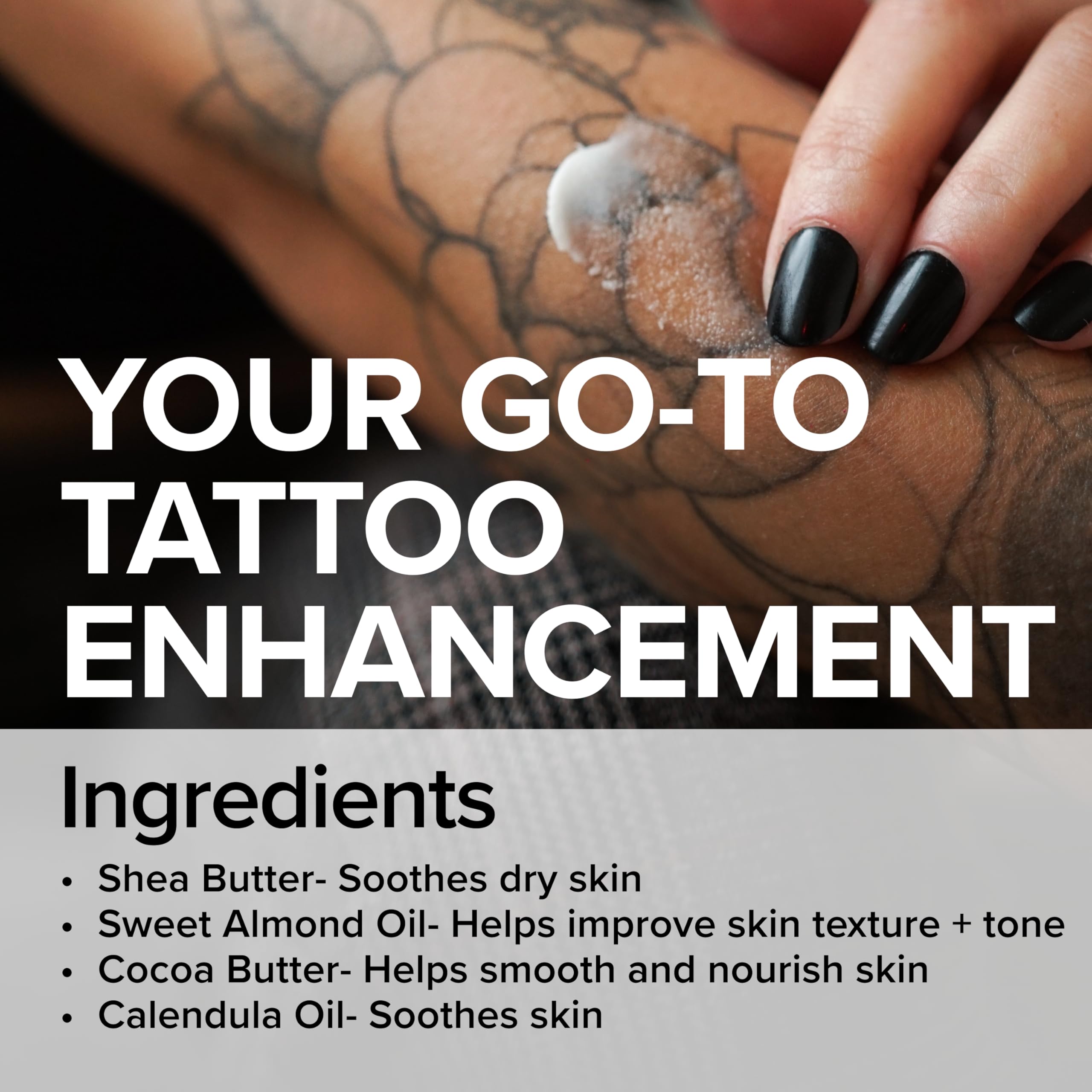 Mad Rabbit Tattoo Balm being applied by hands for hydration and vibrancy