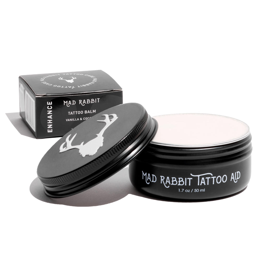 Mad Rabbit Tattoo Balm packaging shows clean, petroleum-free formula for daily care