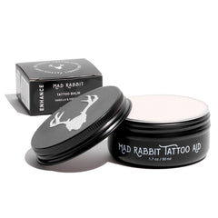 Mad Rabbit Tattoo Balm packaging shows clean, petroleum-free formula for daily care