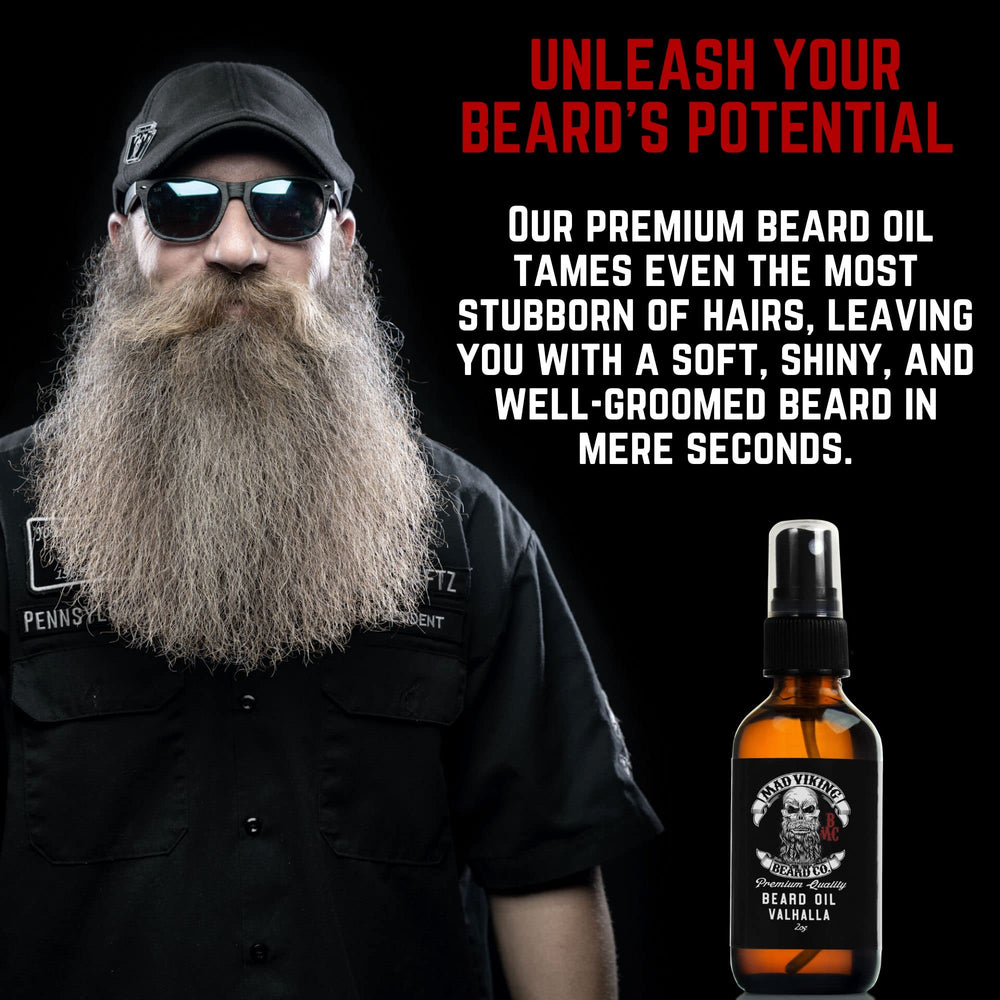 MAD VIKING BEARD CO bottle closeup emphasizes premium ingredients.