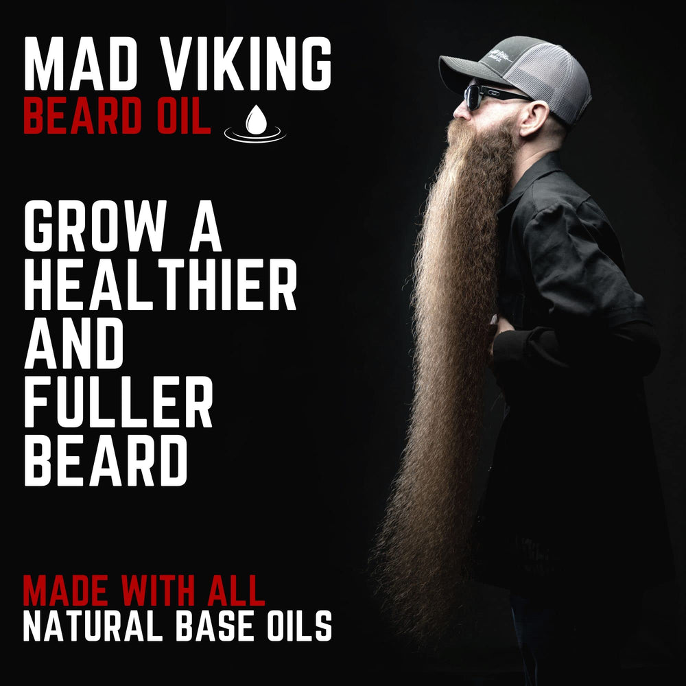 MAD VIKING BEARD CO Fjord Beard Oil label close-up shows premium ingredients for healthier beard