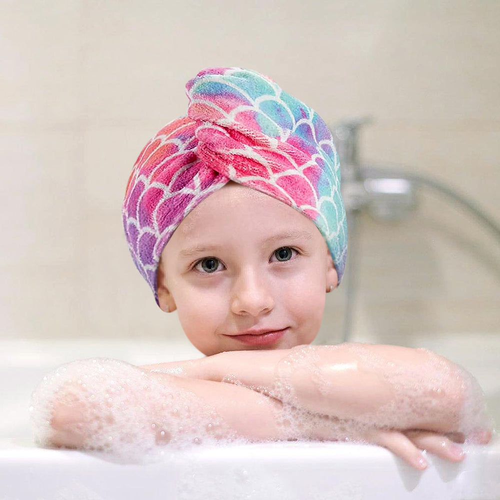 MADHOLLY mermaid-pattern hair towel with button closure secures hands-free wrapping.