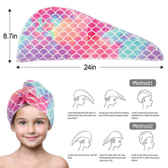 MADHOLLY mermaid-pattern hair towel on child demonstrates gentle, frizz-reducing drying.
