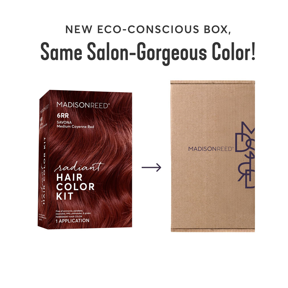 Madison Reed 6RR medium vibrant Cayenne Red application demonstrates bold salon-inspired results at home.