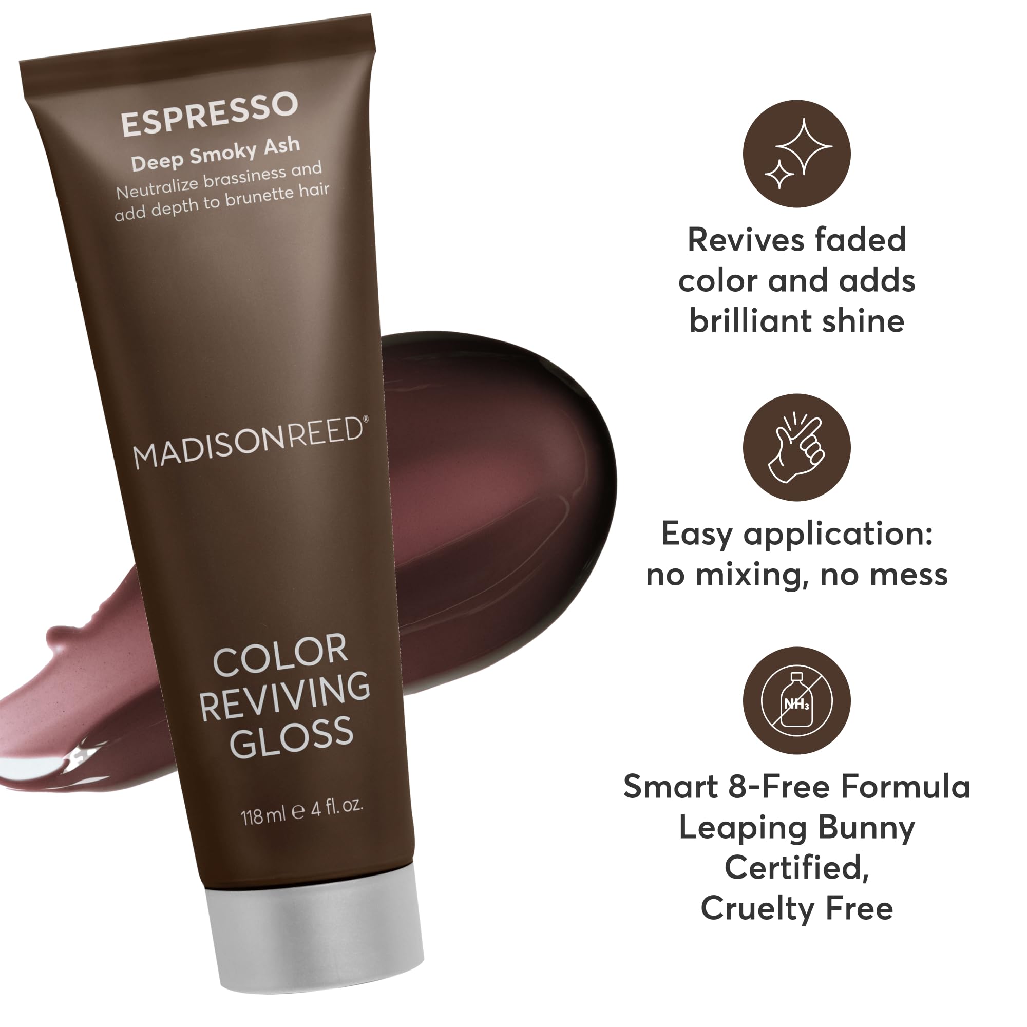 Madison Reed Espresso swirls on hair illustrate rich brunette dimension.