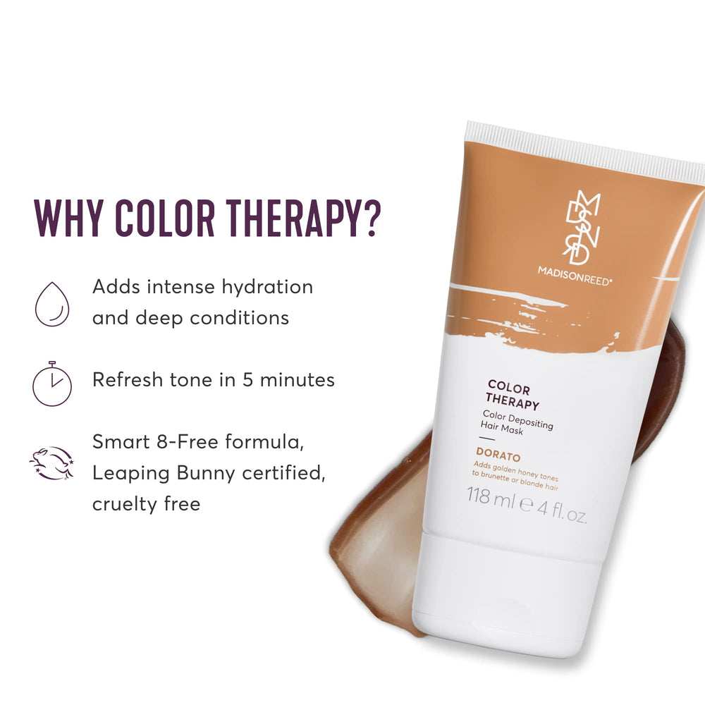 Madison Reed Color Therapy Dorato tube-closeup highlights color-depositing nourishment for refreshed tones.