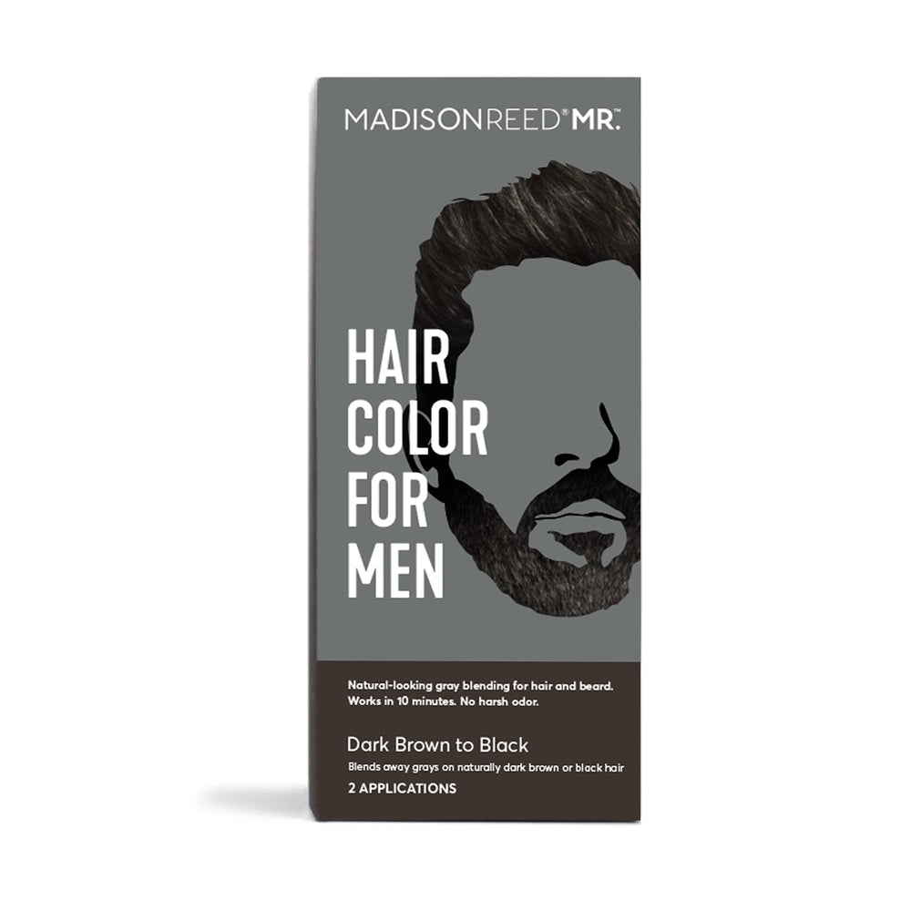 Madison Reed Mr. Hair Color Men kit showing dark brown to black shade for natural gray blending