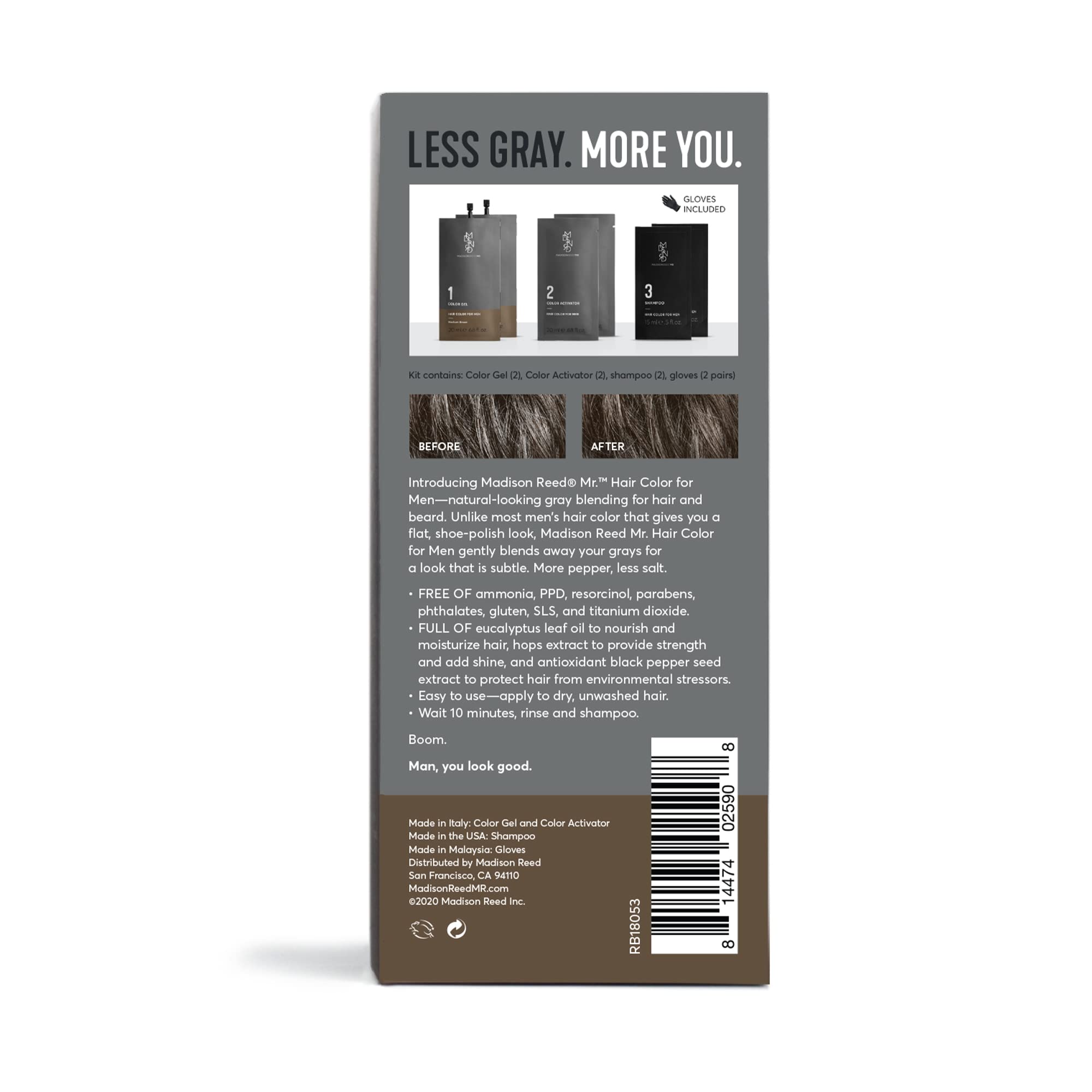 Madison Reed Mr. Hair Color for Men packaging and instructions for easy at-home use.