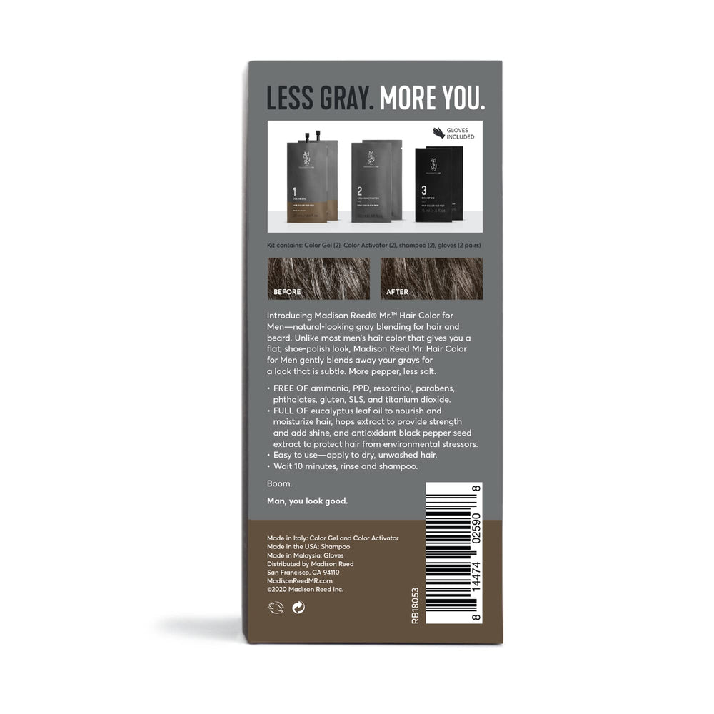 Madison Reed Mr. Hair Color for Men packaging and instructions for easy at-home use.