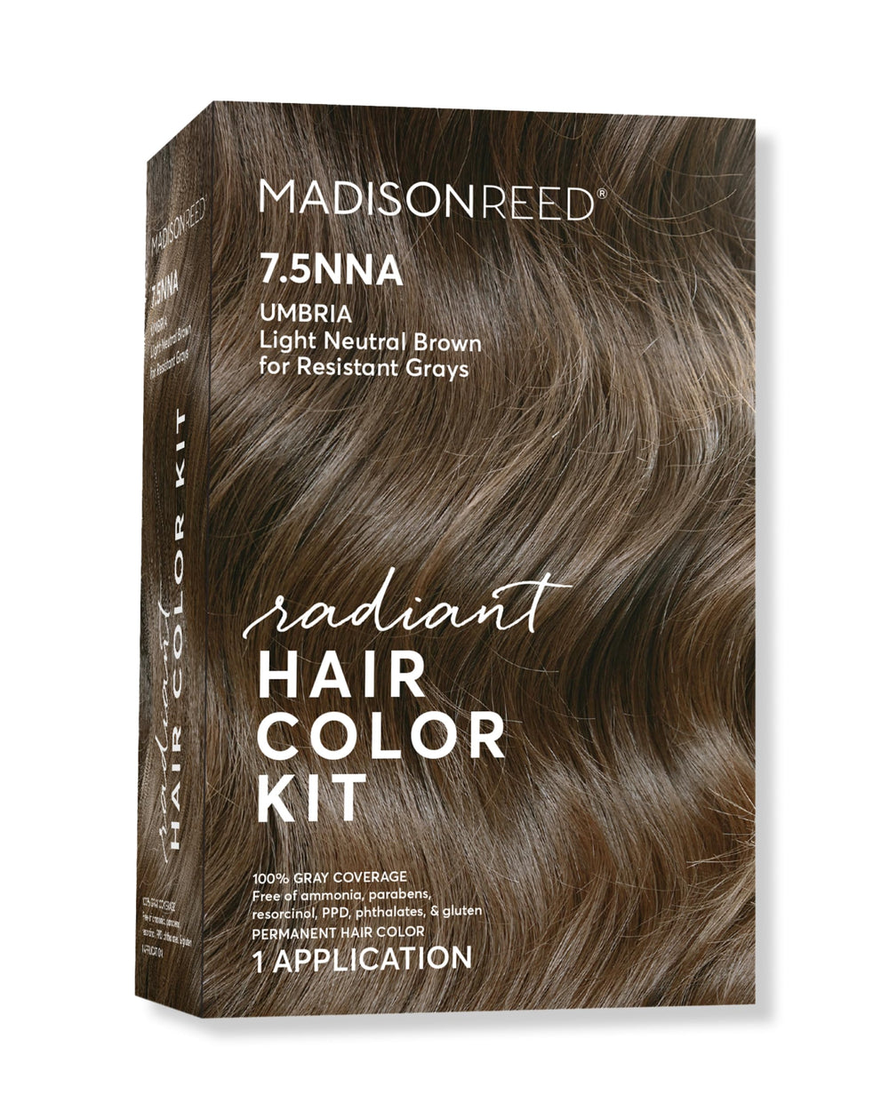 Madison Reed Radiant Color 7.5NNA Umbria Brown bottle for precise gray coverage.